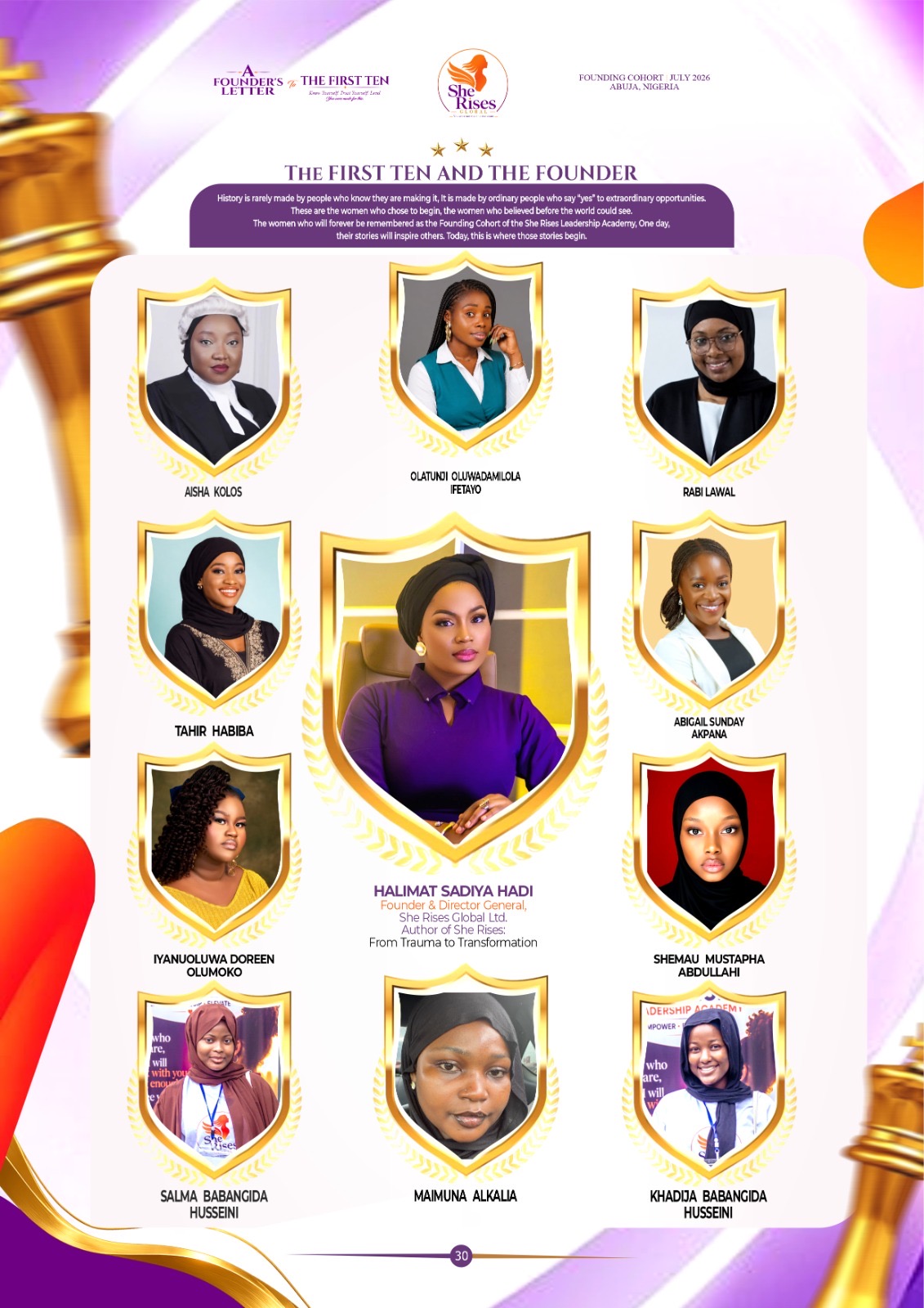 The First Ten and the Founder — founding cohort portraits of the She Rises Leadership Academy, July 2026, Abuja, Nigeria